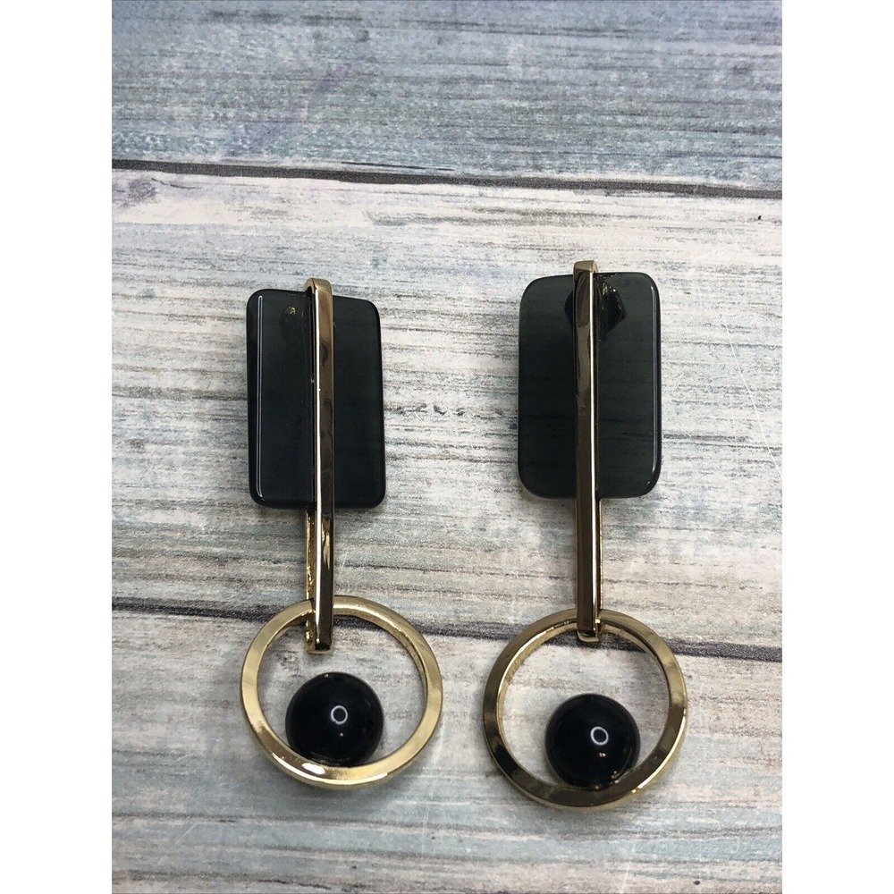 Pendulum Gold Tone Black Acrylic Earrings Unique NWOT